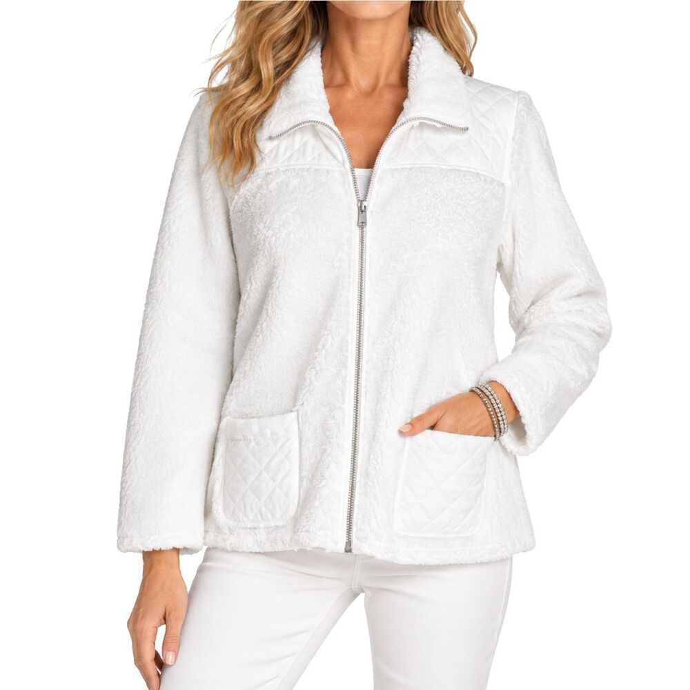 Chicos Womens Teddy Jacket 1 M White Faux Fur Quilted Insulated Full Zip Coat